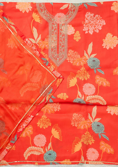 Orange Zariwork (Gold) Cotton Unstitched Salwar Suit-Koskii