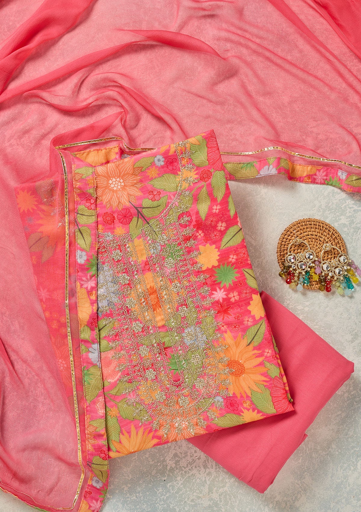 Pink Zariwork (Gold) Cotton Unstitched Salwar Suit-Koskii