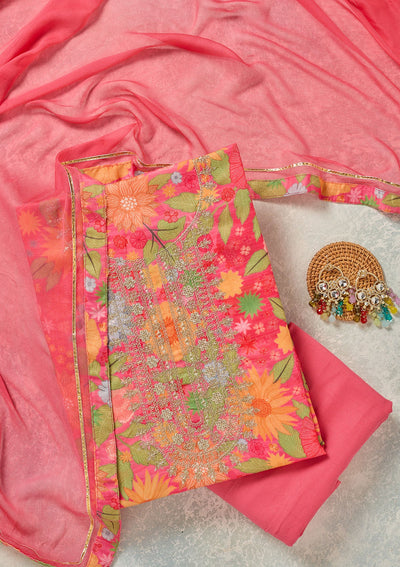 Pink Zariwork (Gold) Cotton Unstitched Salwar Suit-Koskii