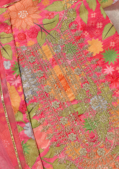 Pink Zariwork (Gold) Cotton Unstitched Salwar Suit-Koskii