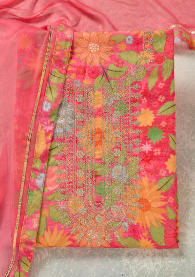 Pink Zariwork (Gold) Cotton Unstitched Salwar Suit-Koskii