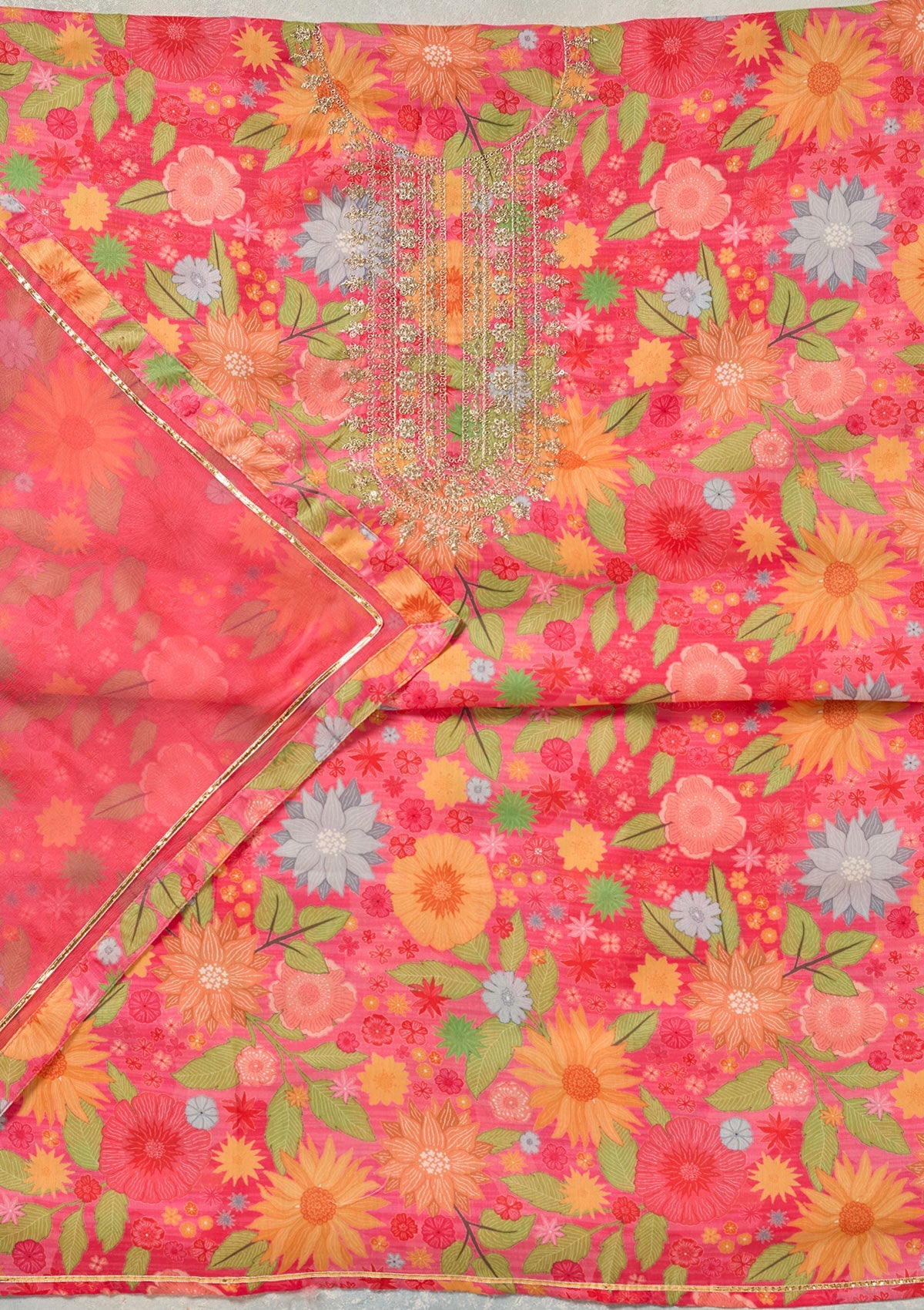 Pink Zariwork (Gold) Cotton Unstitched Salwar Suit-Koskii