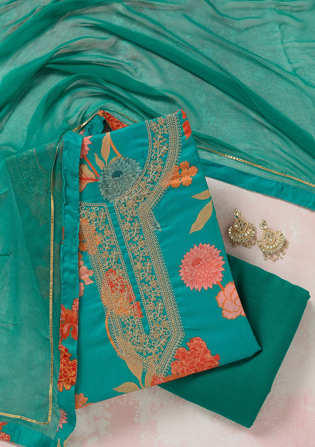 Rama Green Zariwork (Gold) Cotton Unstitched Salwar Suit-koskii