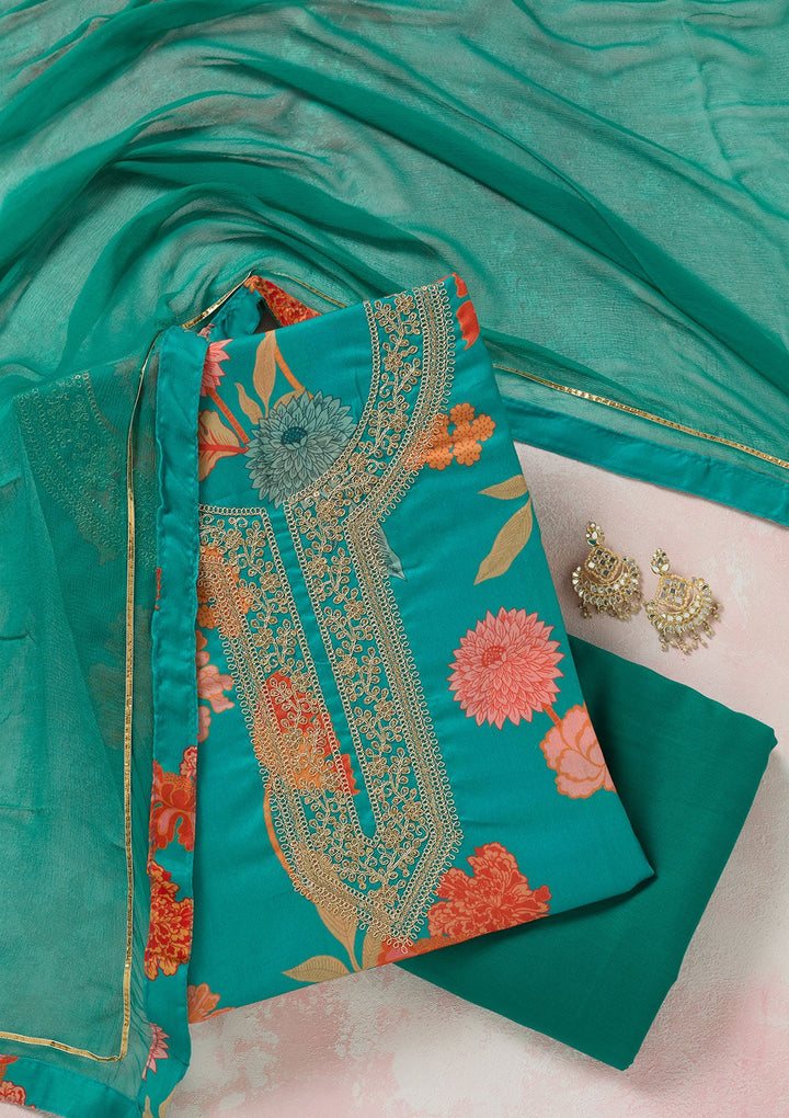 Rama Green Zariwork (Gold) Cotton Unstitched Salwar Suit-koskii