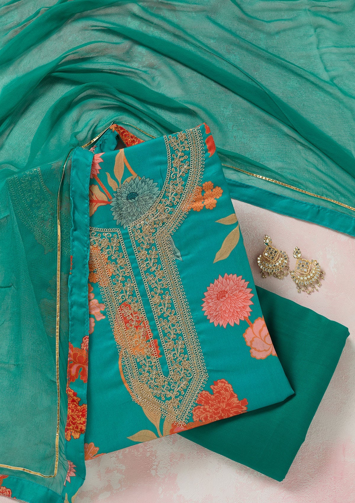 Rama Green Zariwork (Gold) Cotton Unstitched Salwar Suit-koskii