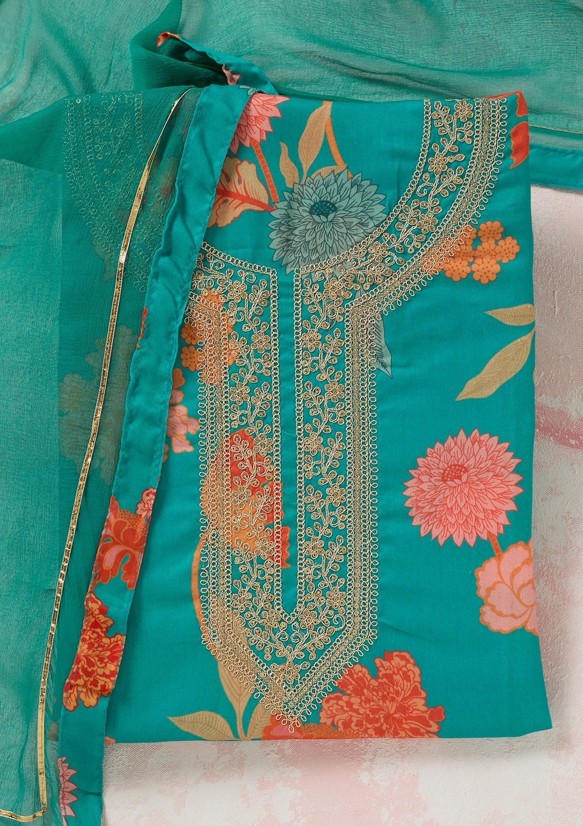 Rama Green Zariwork (Gold) Cotton Unstitched Salwar Suit-koskii