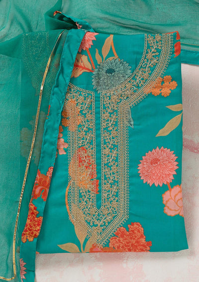 Rama Green Zariwork (Gold) Cotton Unstitched Salwar Suit-koskii