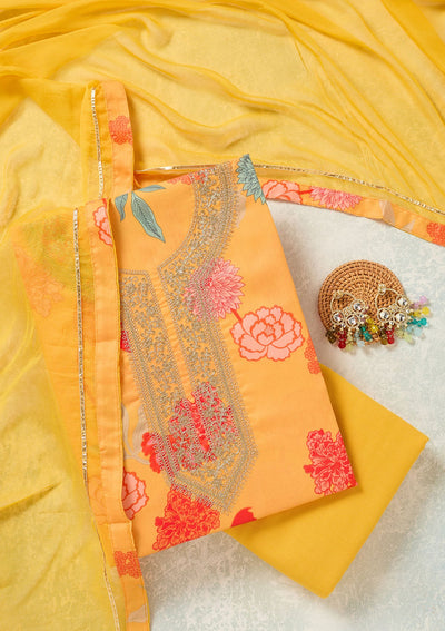 Yellow Zariwork (Gold) Cotton Unstitched Salwar Suit-Koskii