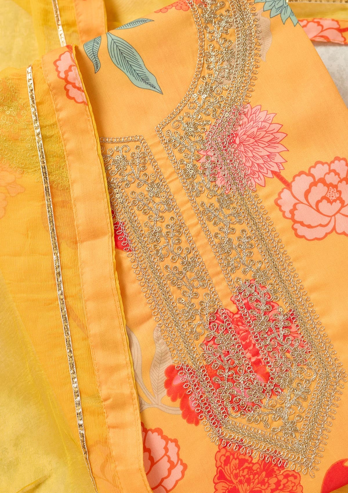 Yellow Zariwork (Gold) Cotton Unstitched Salwar Suit-Koskii