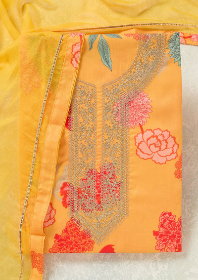 Yellow Zariwork (Gold) Cotton Unstitched Salwar Suit-Koskii