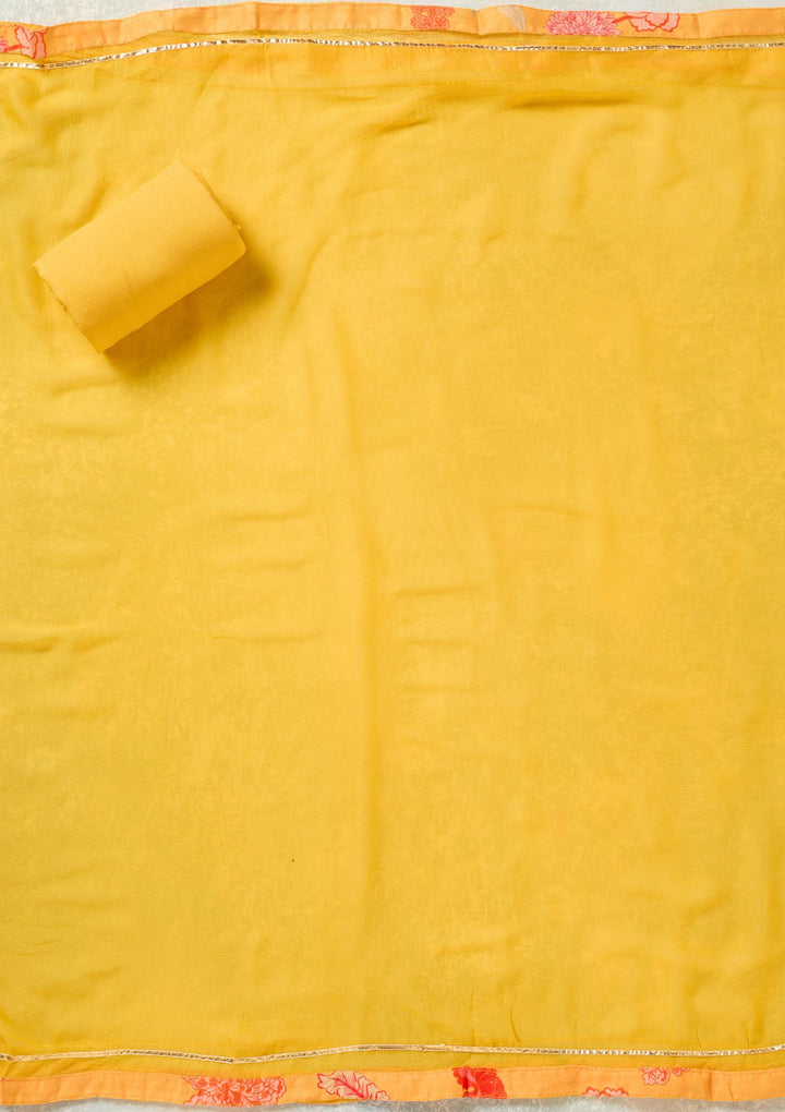 Yellow Zariwork (Gold) Cotton Unstitched Salwar Suit-Koskii