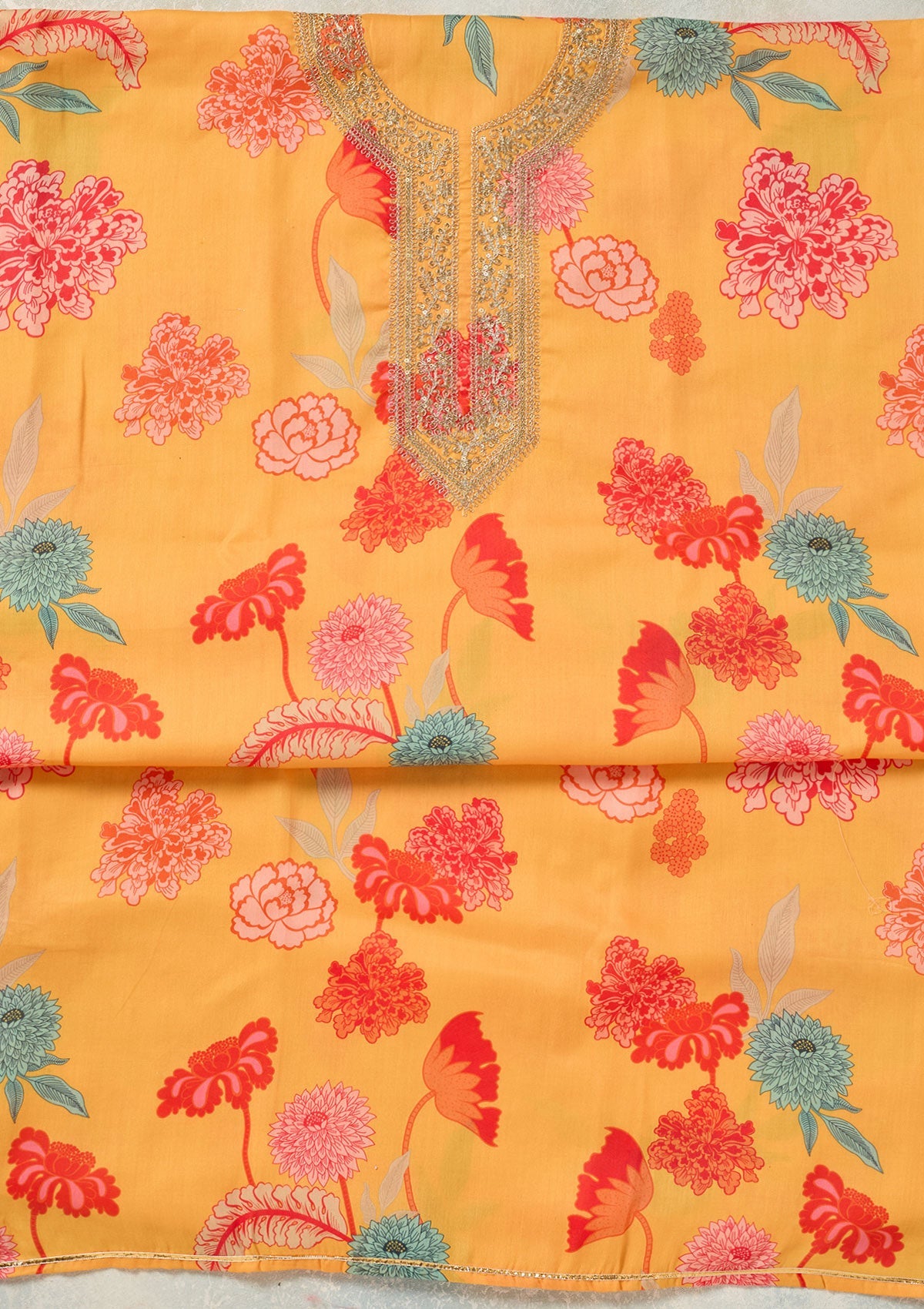 Yellow Zariwork (Gold) Cotton Unstitched Salwar Suit-Koskii