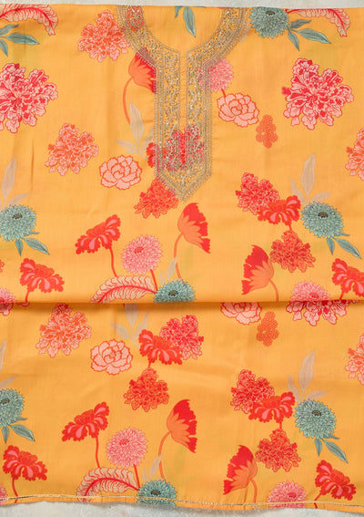 Yellow Zariwork (Gold) Cotton Unstitched Salwar Suit-Koskii