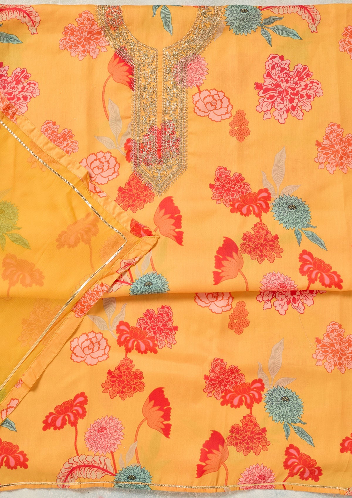 Yellow Zariwork (Gold) Cotton Unstitched Salwar Suit-Koskii