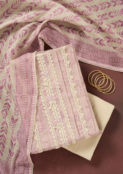 Lavender Threadwork Cotton Unstitched Salwar Suit-Koskii