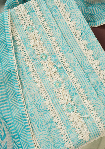 Sea Green Threadwork Cotton Unstitched Salwar Suit-Koskii