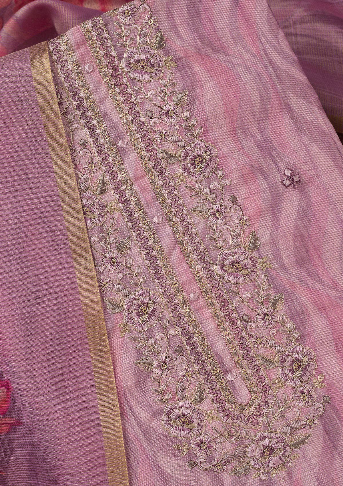 Lavender Threadwork Linen Unstitched Salwar Suit-koskii