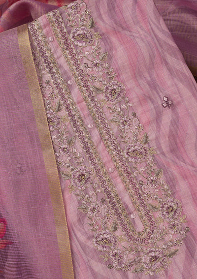 Lavender Threadwork Linen Unstitched Salwar Suit-koskii