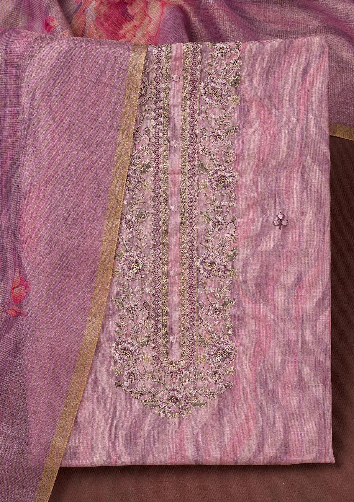 Lavender Threadwork Linen Unstitched Salwar Suit-koskii