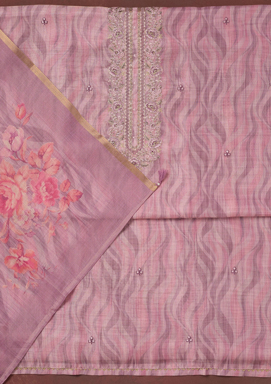 Lavender Threadwork Linen Unstitched Salwar Suit-koskii
