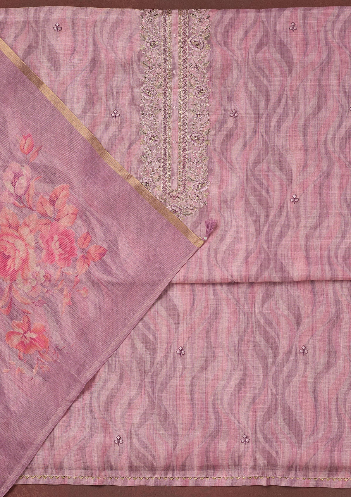 Lavender Threadwork Linen Unstitched Salwar Suit-koskii