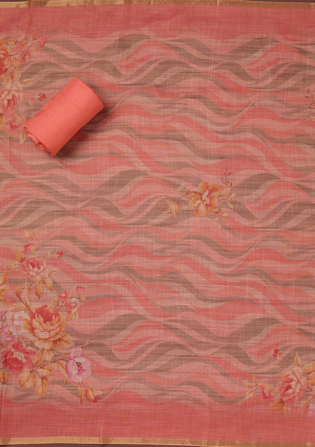 Peach Threadwork Linen Unstitched Salwar Suit-koskii