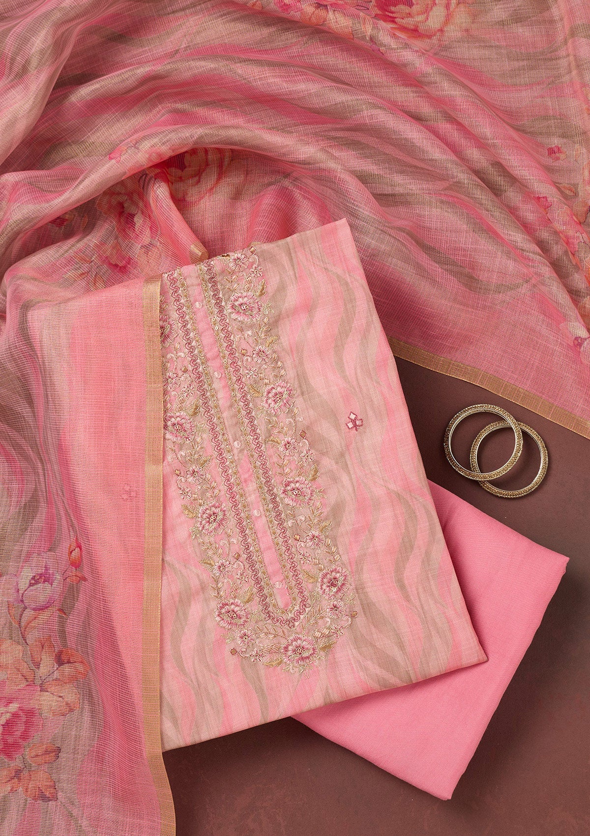 Pink Threadwork Linen Unstitched Salwar Suit-koskii