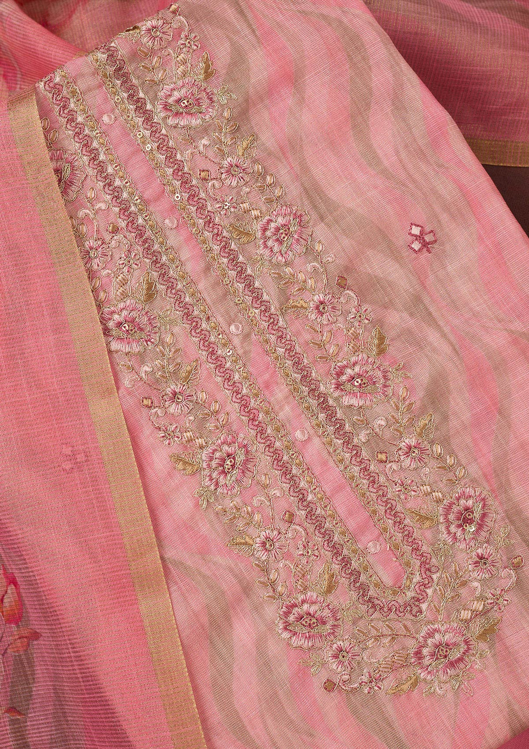 Pink Threadwork Linen Unstitched Salwar Suit-koskii