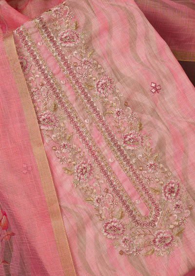 Pink Threadwork Linen Unstitched Salwar Suit-koskii