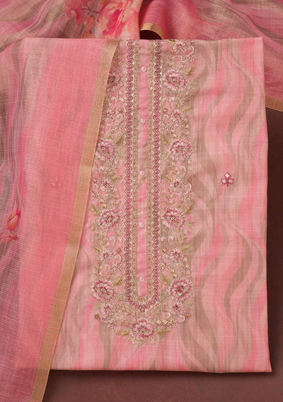Pink Threadwork Linen Unstitched Salwar Suit-koskii