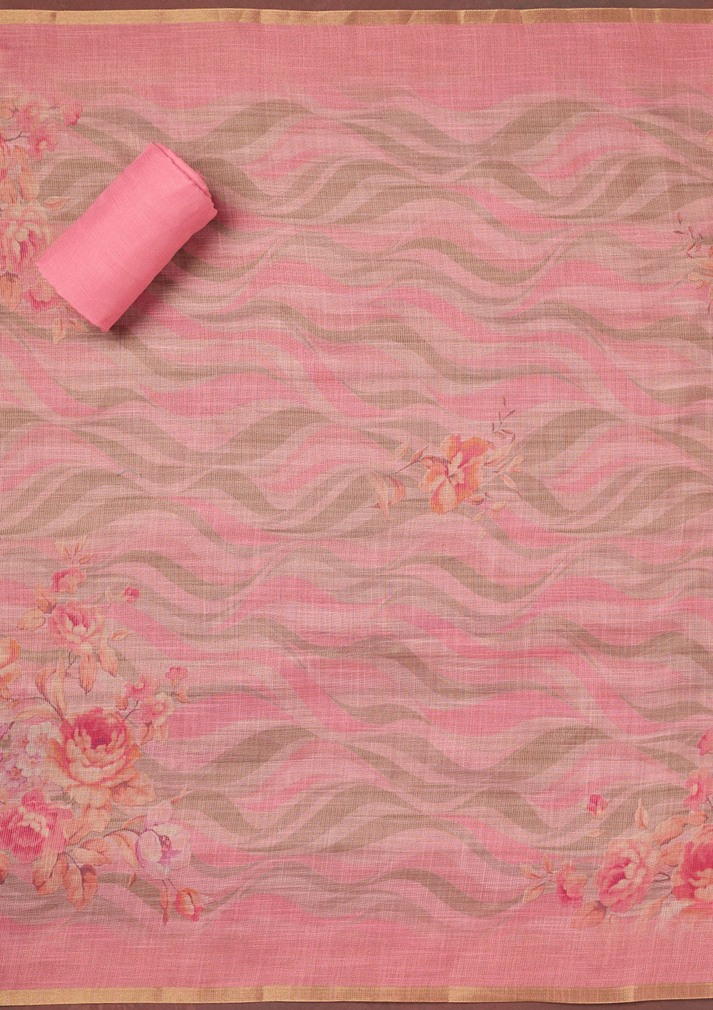 Pink Threadwork Linen Unstitched Salwar Suit-koskii