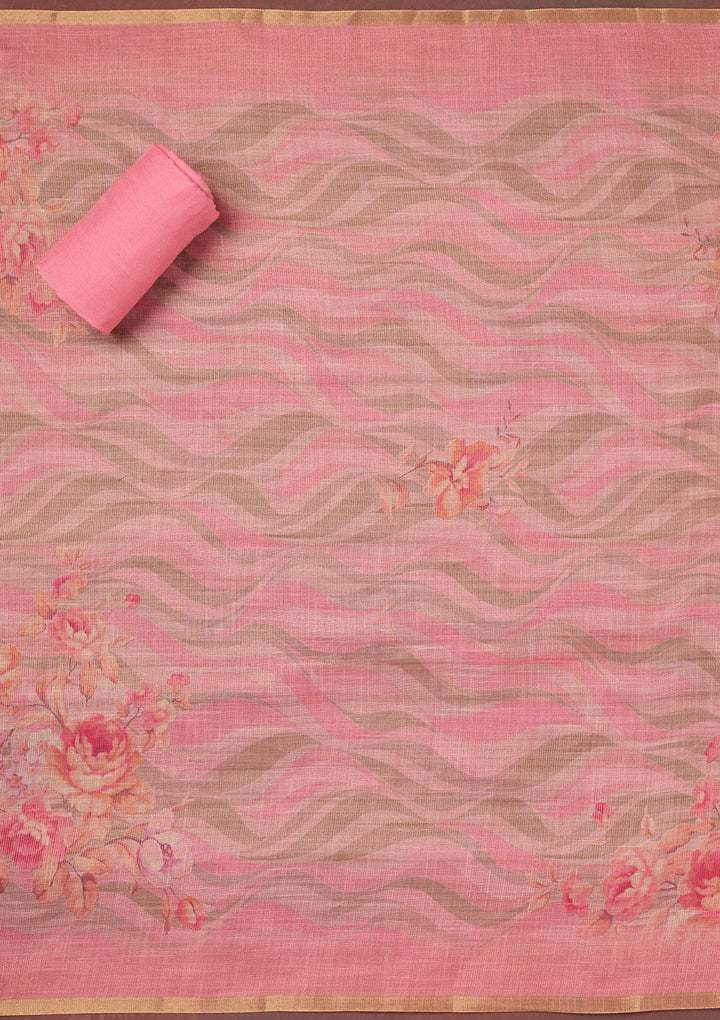 Pink Threadwork Linen Unstitched Salwar Suit-koskii