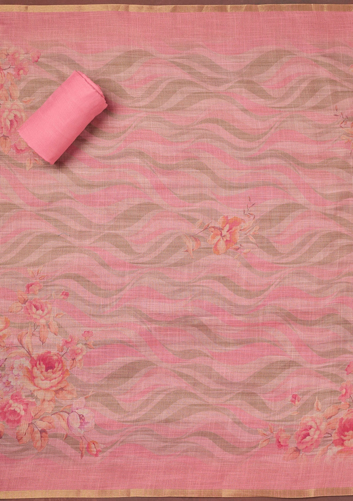 Pink Threadwork Linen Unstitched Salwar Suit-koskii