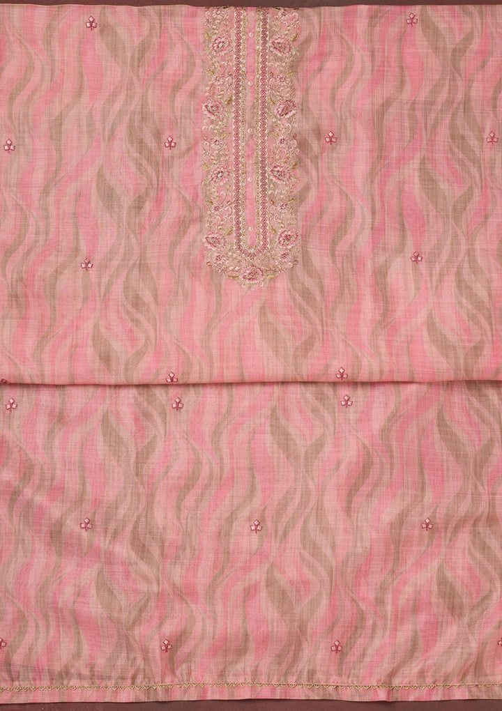 Pink Threadwork Linen Unstitched Salwar Suit-koskii