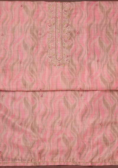 Pink Threadwork Linen Unstitched Salwar Suit-koskii