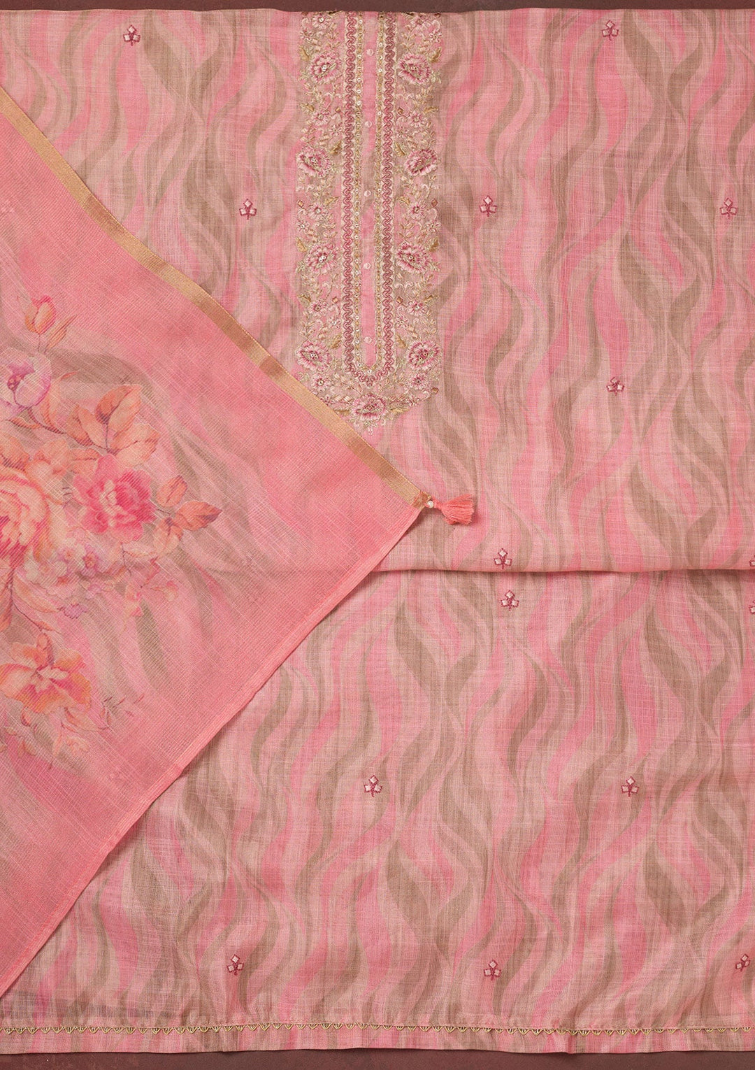 Pink Threadwork Linen Unstitched Salwar Suit-koskii