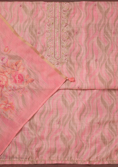 Pink Threadwork Linen Unstitched Salwar Suit-koskii
