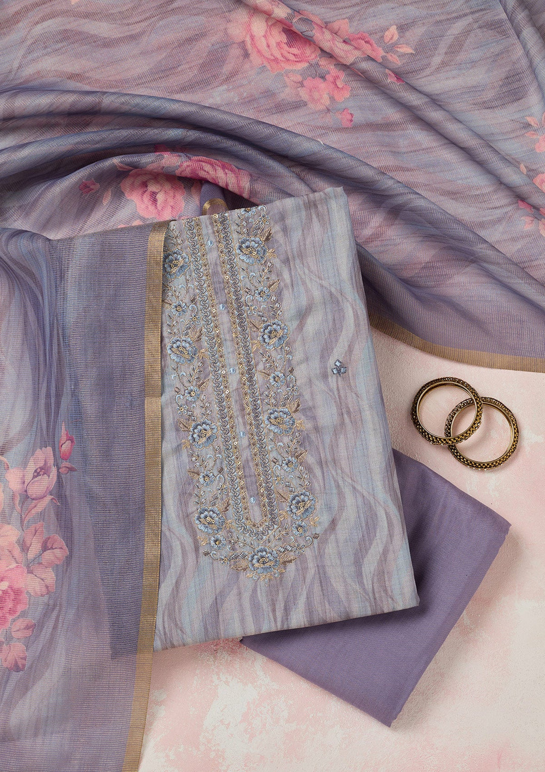 Purple Threadwork Linen Unstitched Salwar Suit-Koskii