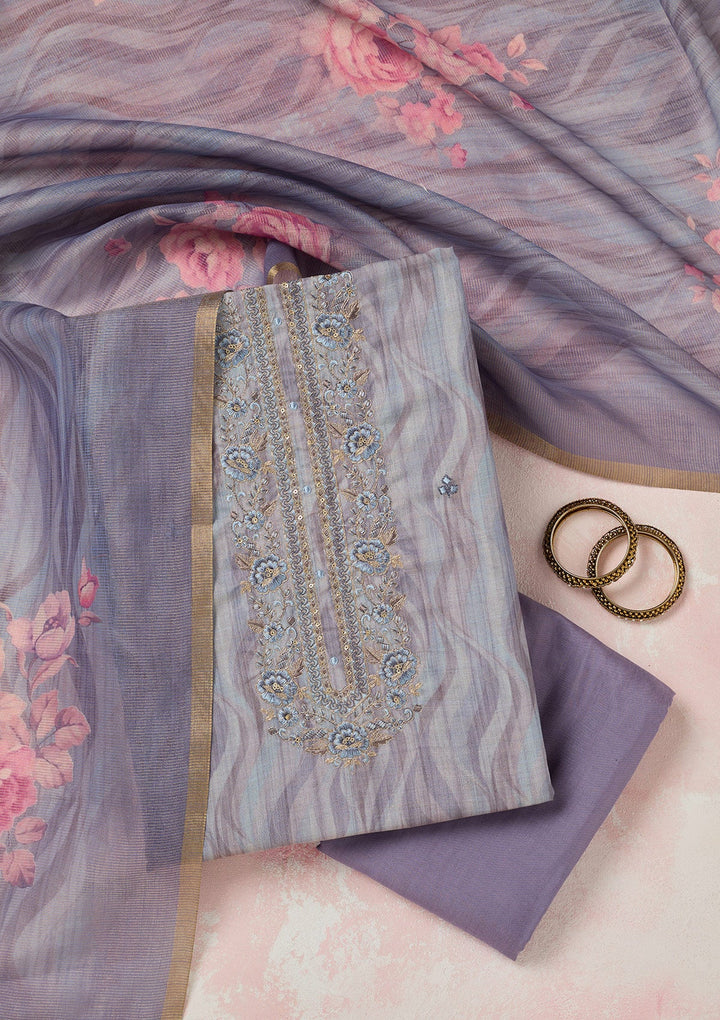 Purple Threadwork Linen Unstitched Salwar Suit-Koskii