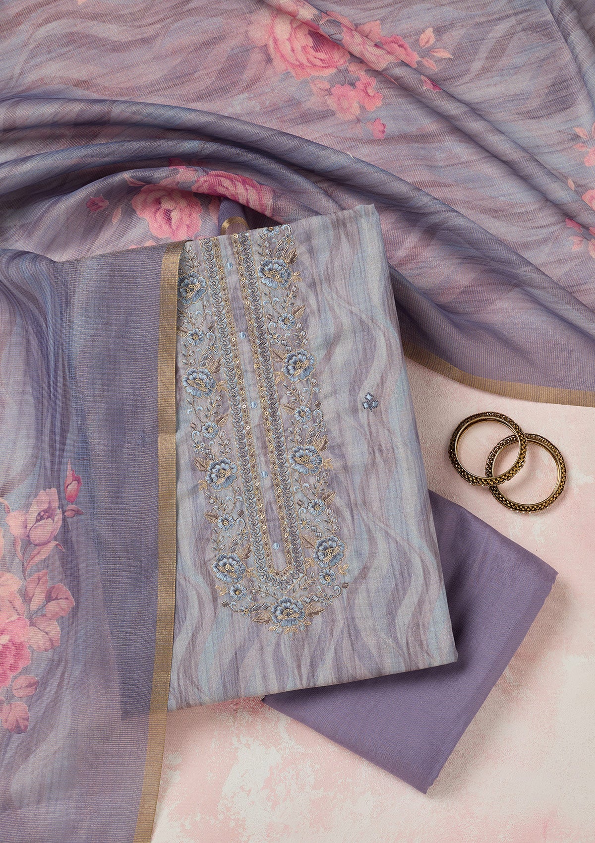 Purple Threadwork Linen Unstitched Salwar Suit-Koskii