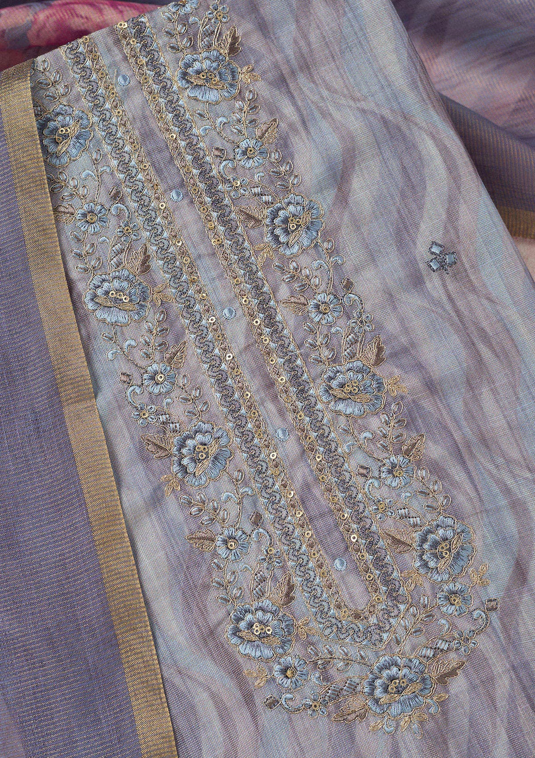 Purple Threadwork Linen Unstitched Salwar Suit-Koskii