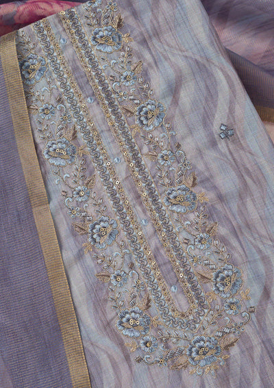 Purple Threadwork Linen Unstitched Salwar Suit-Koskii
