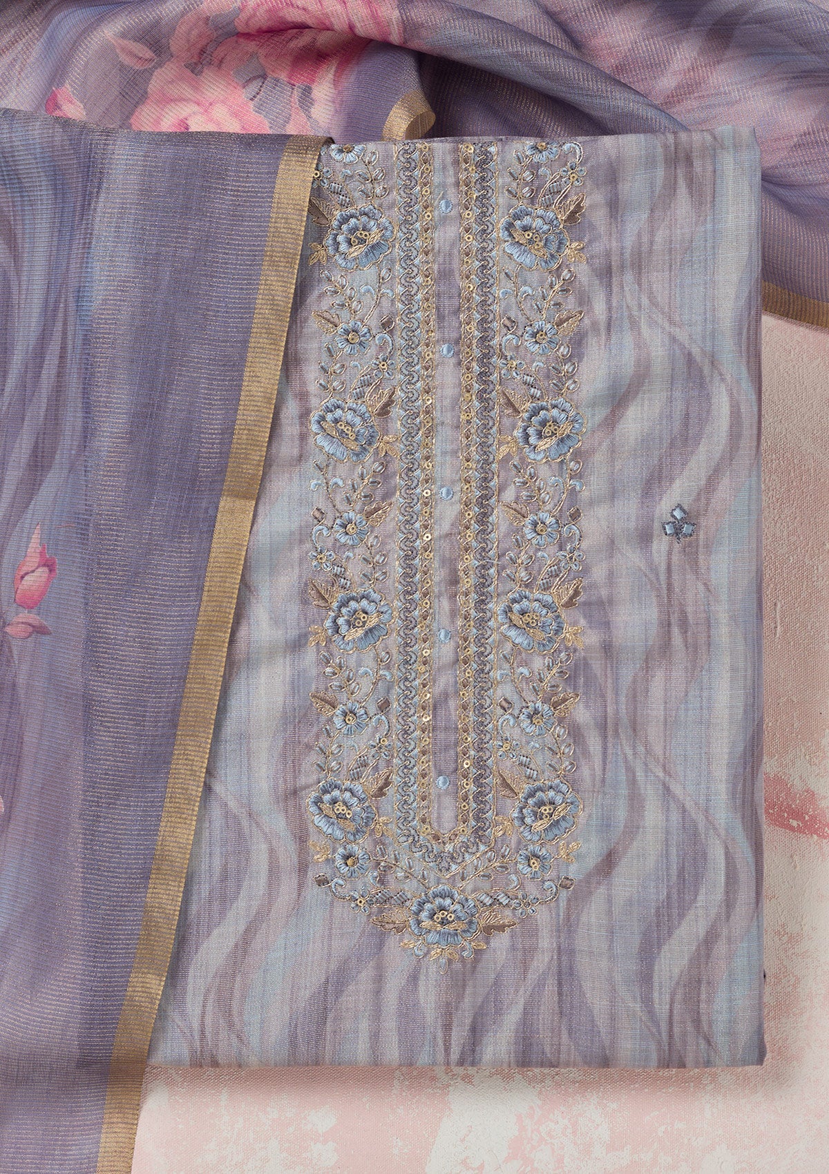 Purple Threadwork Linen Unstitched Salwar Suit-Koskii
