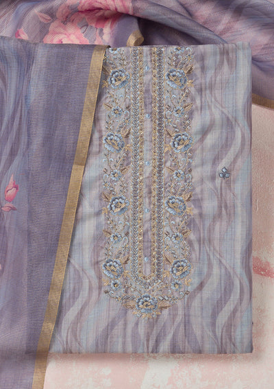 Purple Threadwork Linen Unstitched Salwar Suit-Koskii
