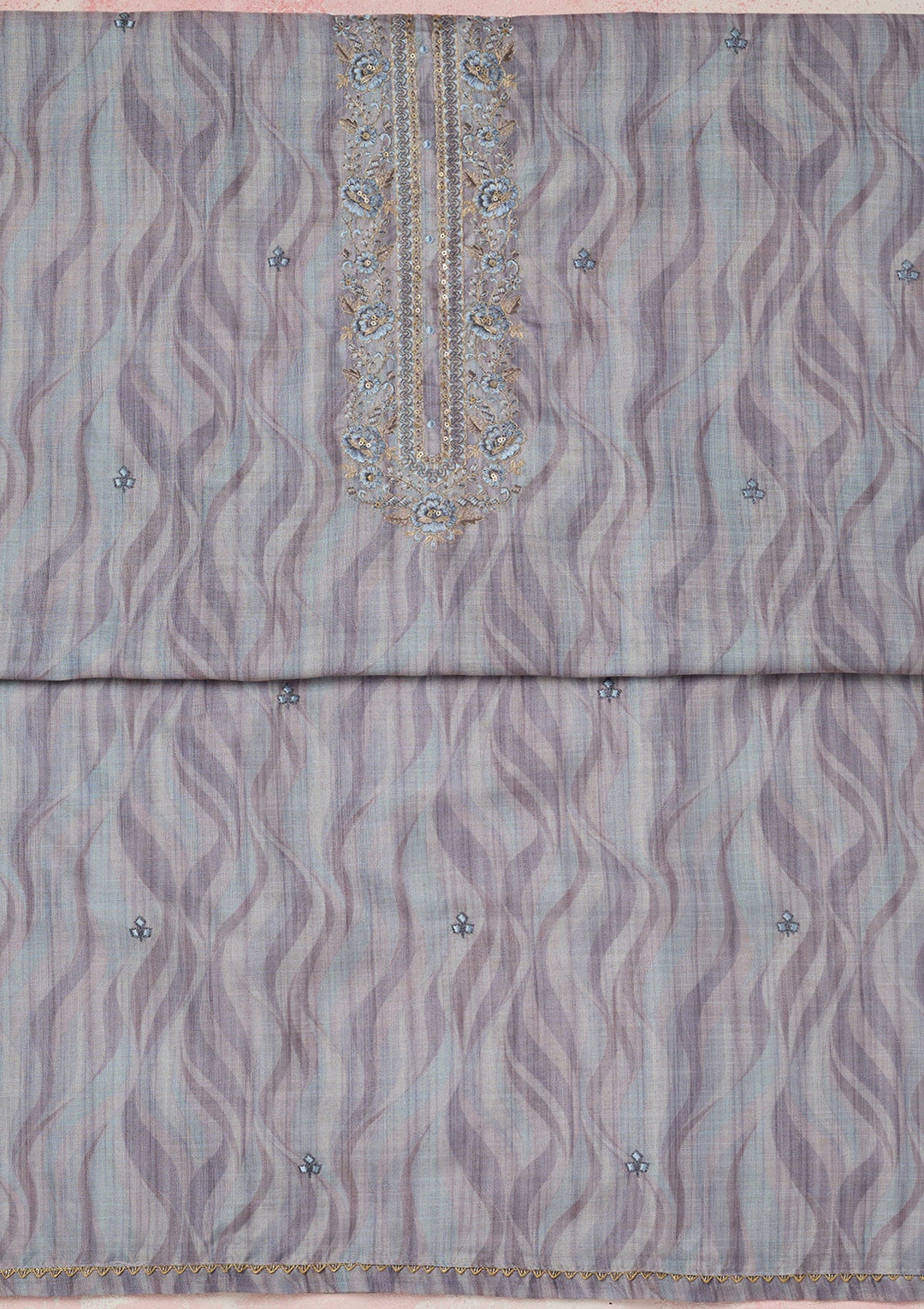 Purple Threadwork Linen Unstitched Salwar Suit-Koskii