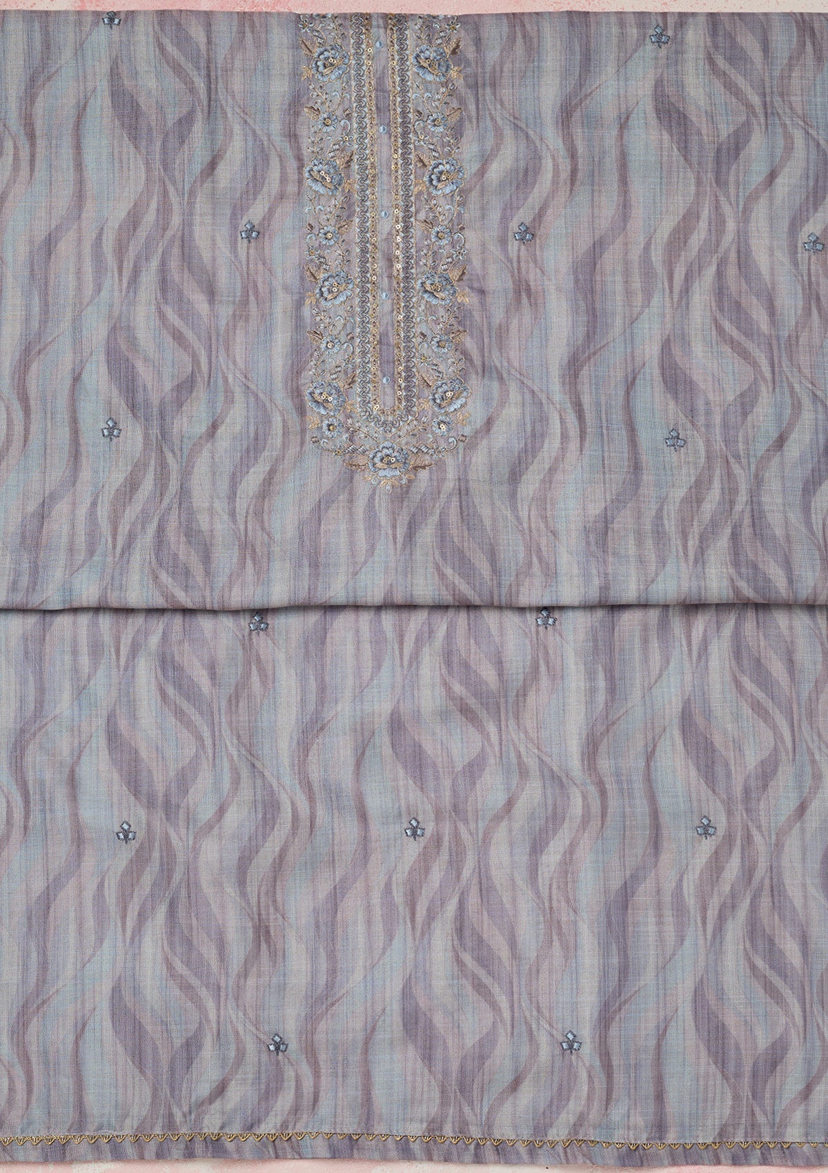 Purple Threadwork Linen Unstitched Salwar Suit-Koskii