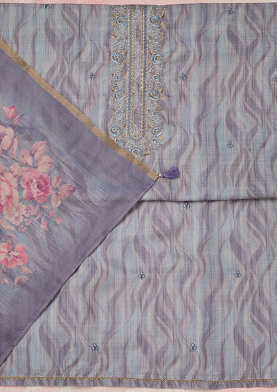 Purple Threadwork Linen Unstitched Salwar Suit-Koskii