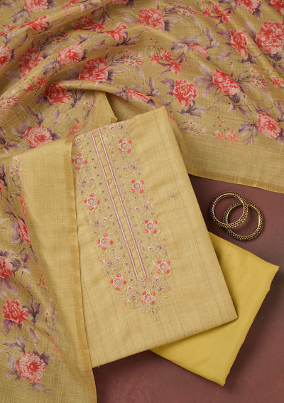 Gold Zariwork (Gold) Linen Unstitched Salwar Suit-koskii