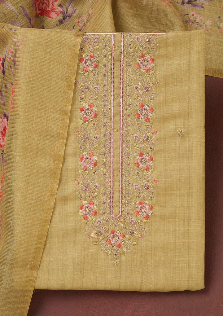 Gold Zariwork (Gold) Linen Unstitched Salwar Suit-koskii