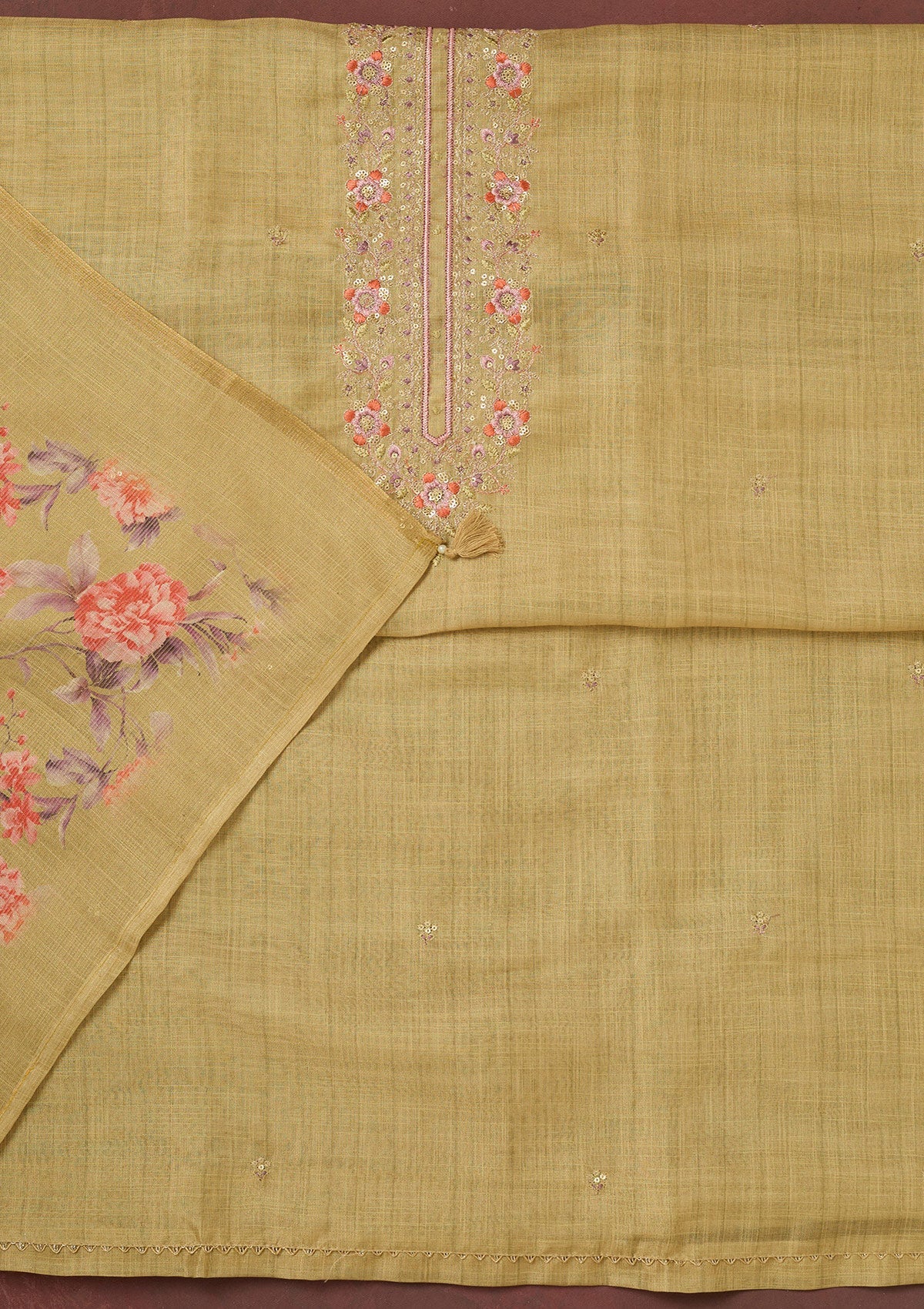 Gold Zariwork (Gold) Linen Unstitched Salwar Suit-koskii